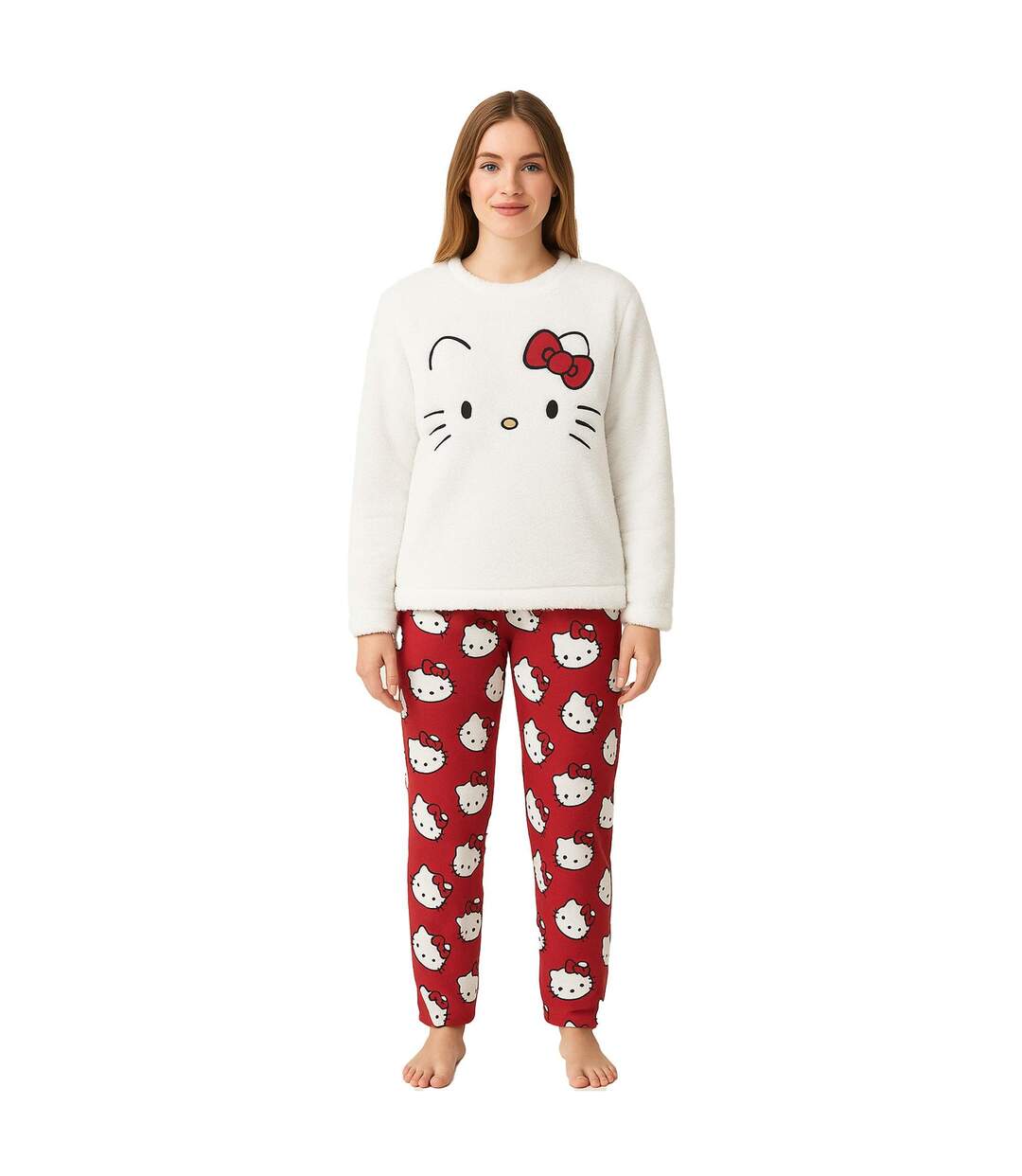 Ensemble De Pyjama Long Femme Blanc Rouge Hello Kitty-1