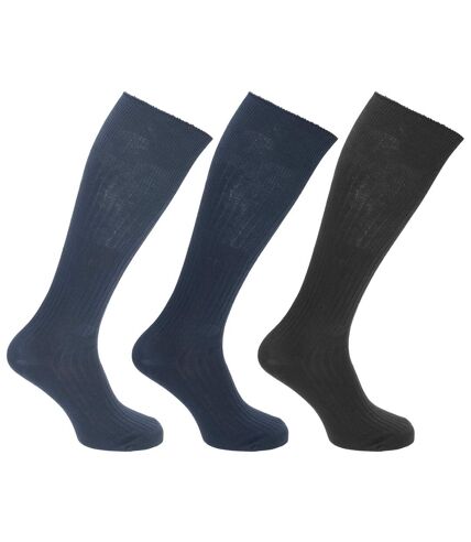 Mens 100% Cotton Ribbed Knee High Socks (Pack Of 3) (Blue/Black/Navy) - UTMB489