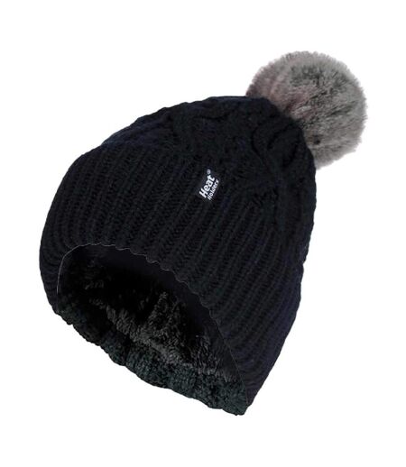 Ladies Knitted Turnover Cuffed Pom Pom Beanie Hat with Bobble