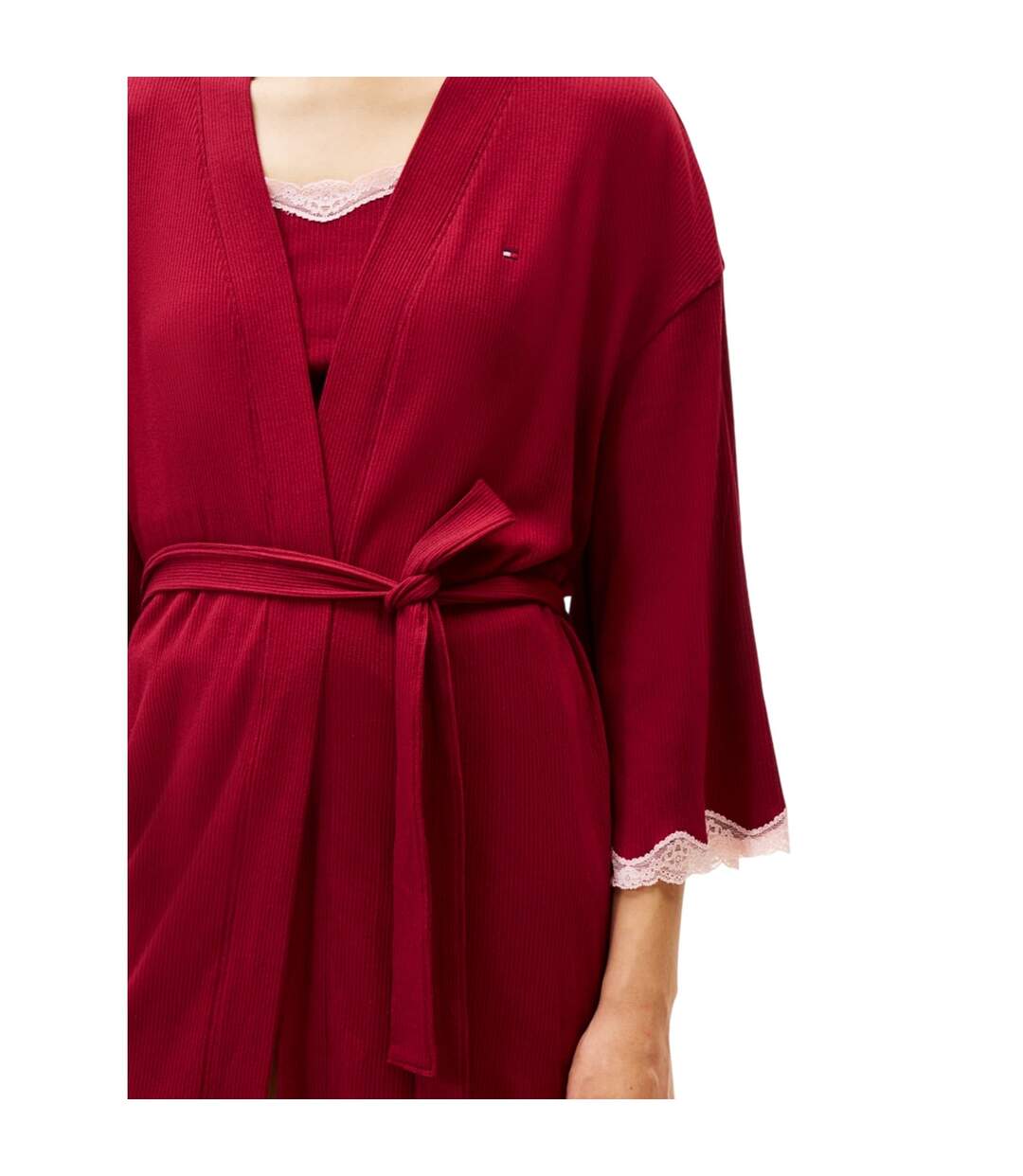 Womens/ladies Ribbed Lace Trim 3/4 Sleeve Kimono Rouge Tommy Hilfiger-2