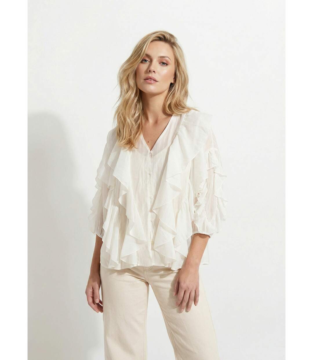 Blouse col V boutonnée à volants-1