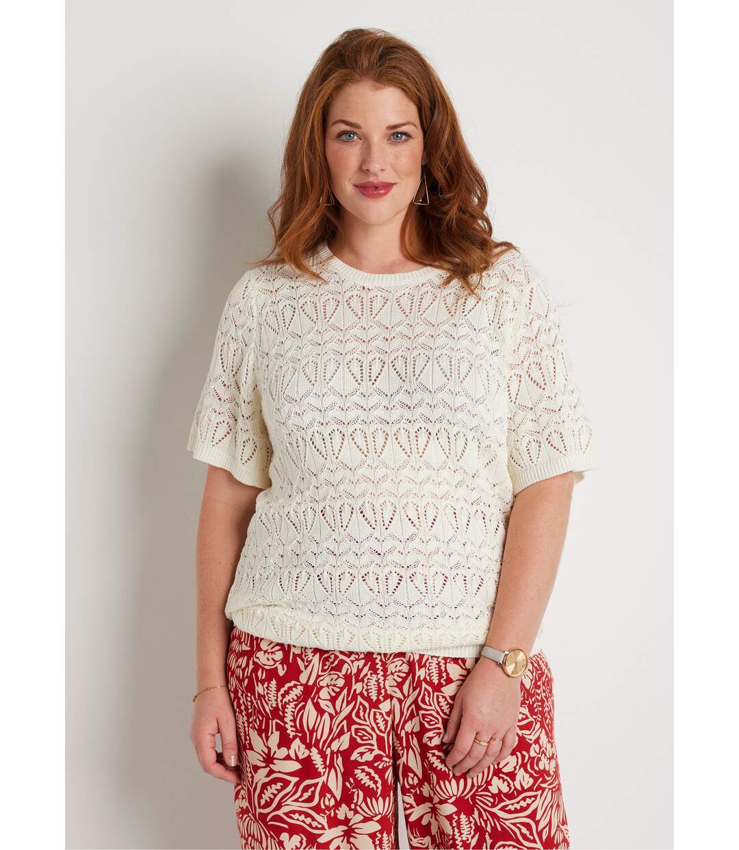 Pull fin ajouré coton manches courtes-1