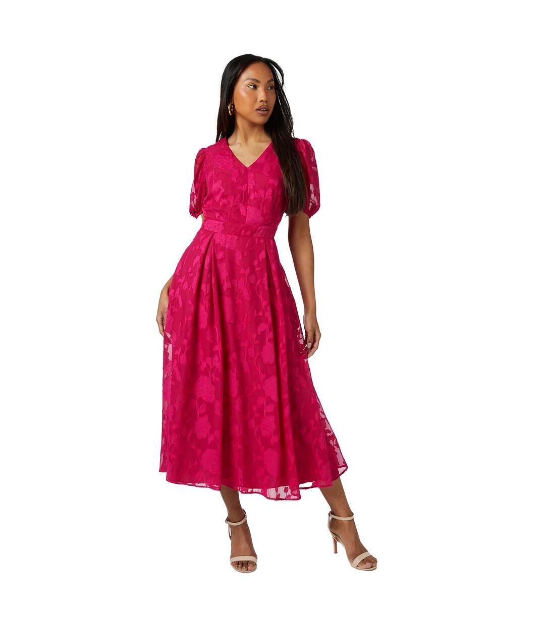 Womens/ladies Floral Jacquard Puff Sleeve Midi Dress Pink Principles-3