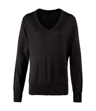 Premier Womens/Ladies Knitted Cotton Acrylic V Neck Sweatshirt (Black) - UTPC6851