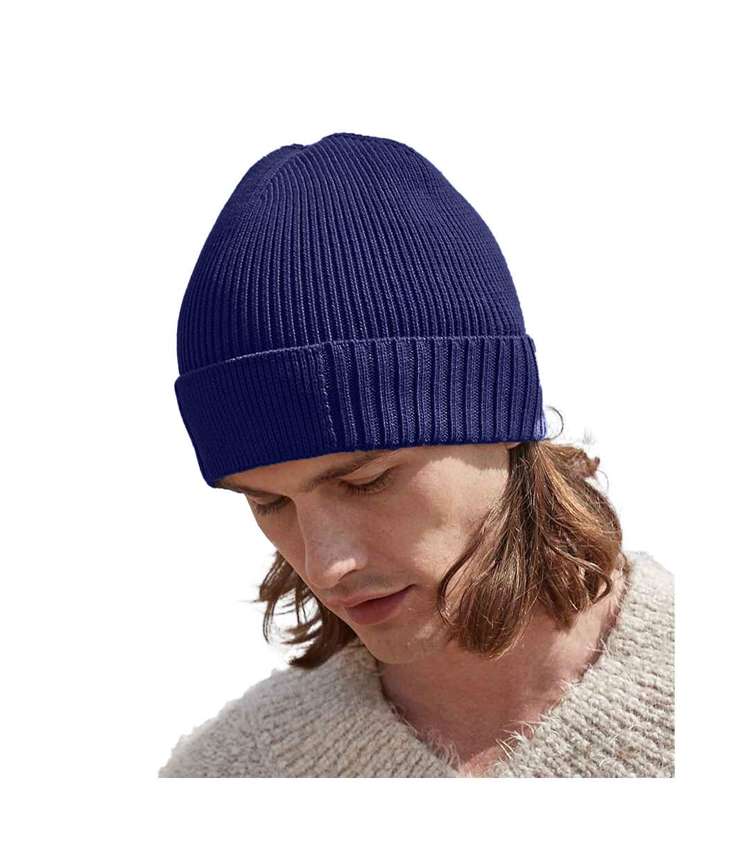 Unisex adult organic cotton engineered patch beanie oxford navy Beechfield-2