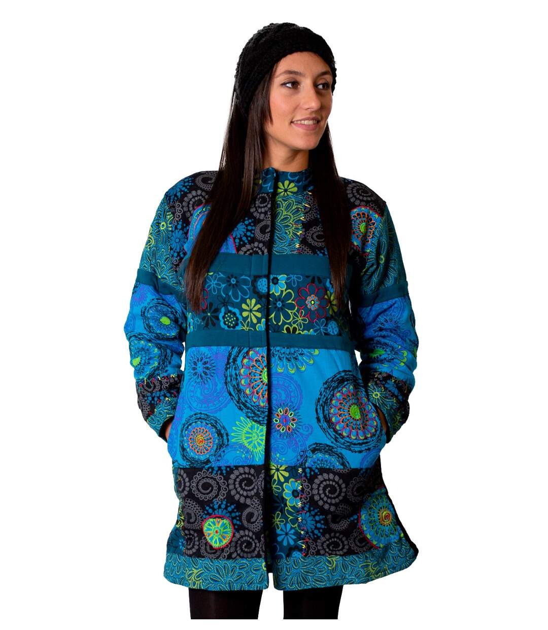 Manteau doublé polaire KWANGO ethnique bleu Coton Du Monde-1