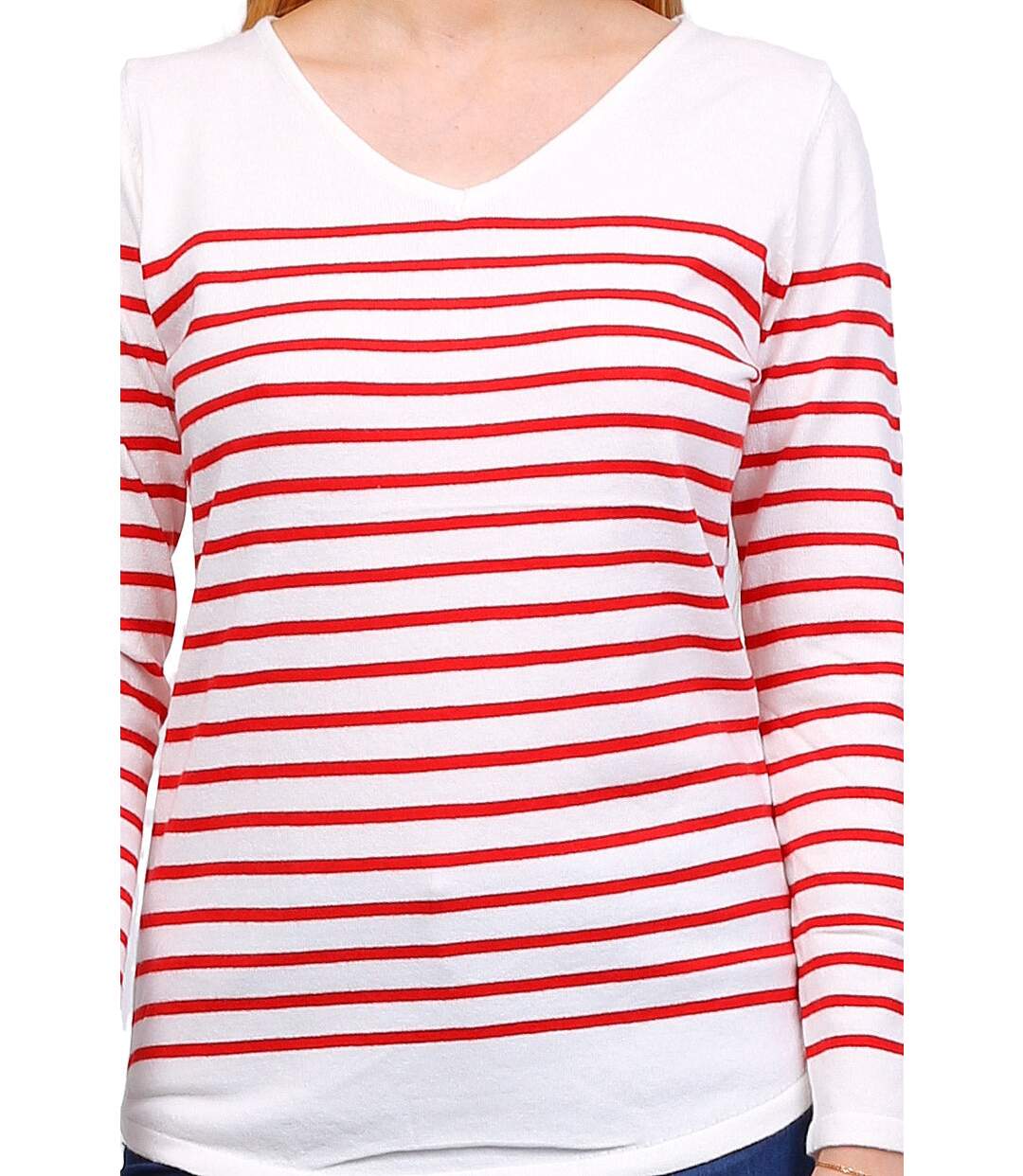 Pull femme de style marin - Pull col en V - Manches longues - Rayé rouge