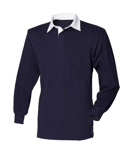 Long Sleeve Classic Rugby Polo Shirt Navy White Front Row