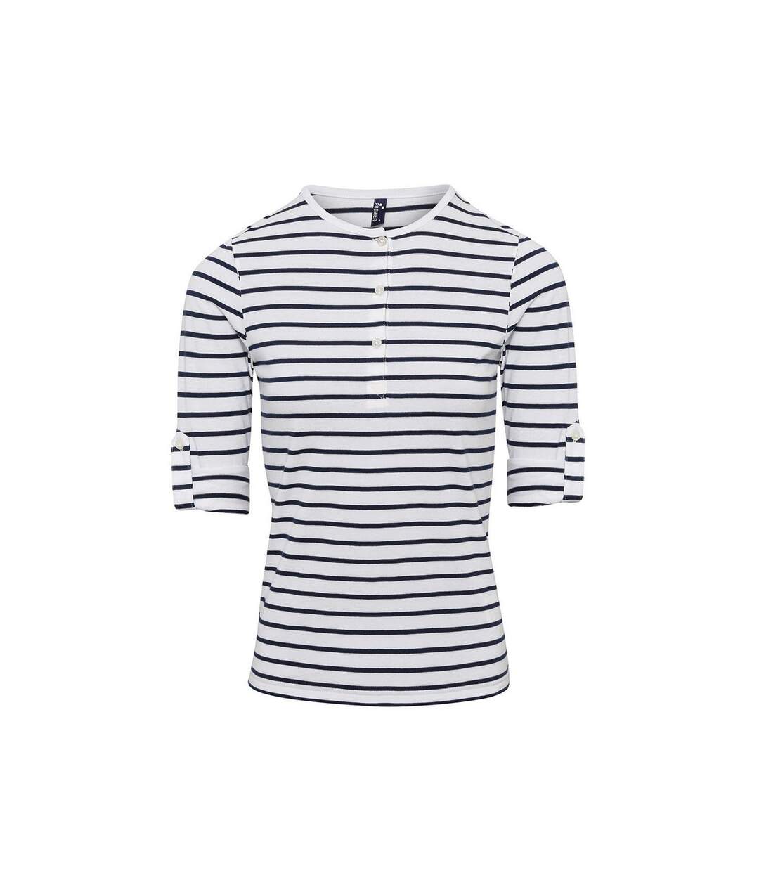 T-shirt Long John Femme Blanc Bleu Marine Premier-4
