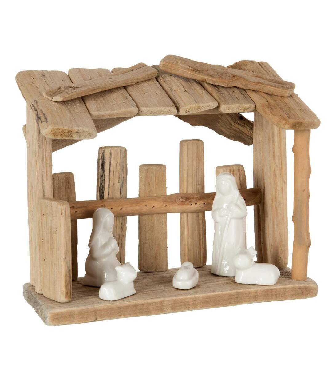 Crèche de Noël Toit Plat 25cm Naturel & Blanc-1