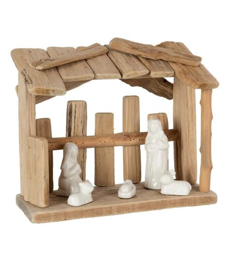 Crèche de Noël Toit Plat 25cm Naturel & Blanc