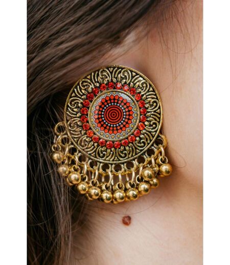 Golden Round Disc Bell Button Indian Asian Muslim Ethnic Stud Earrings