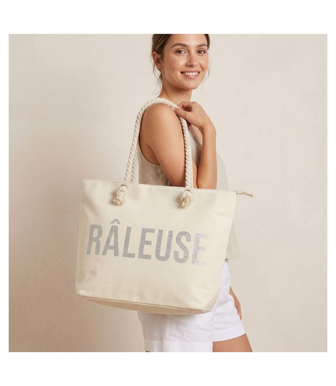 OZABI Sac de Plage Femme Jute Synthétique – Message Pailleté – Cordage-2