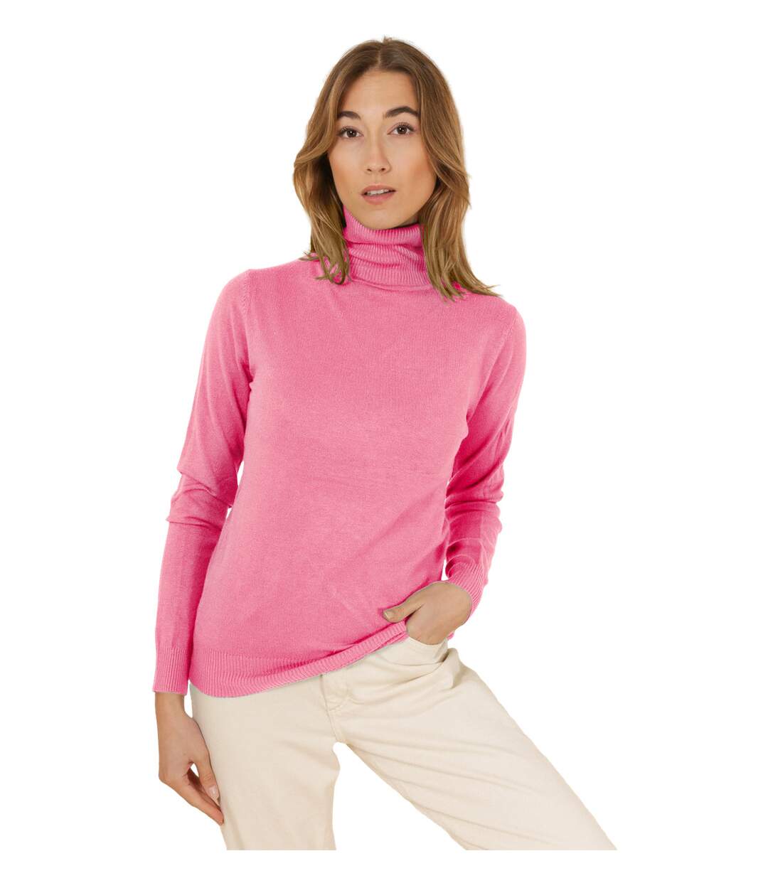 Pull femme manches longues  col roulé couleur rose.-1