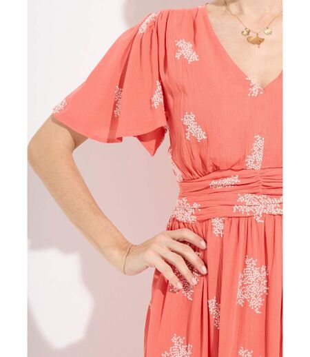 Robe longue col V brodée smockée dos