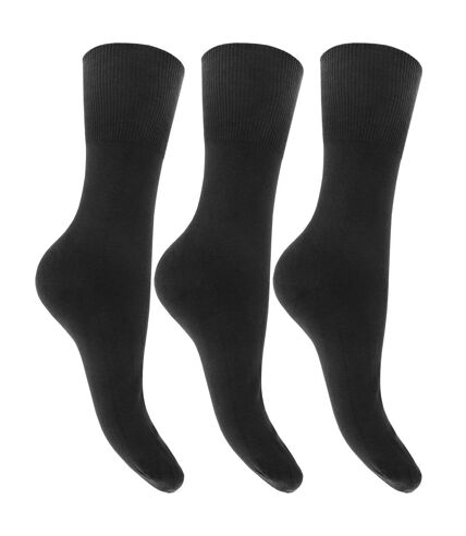 Womens/Ladies Plain Cotton Rich Non Elastic Top Socks (Pack Of 3) (Black) - UTW355