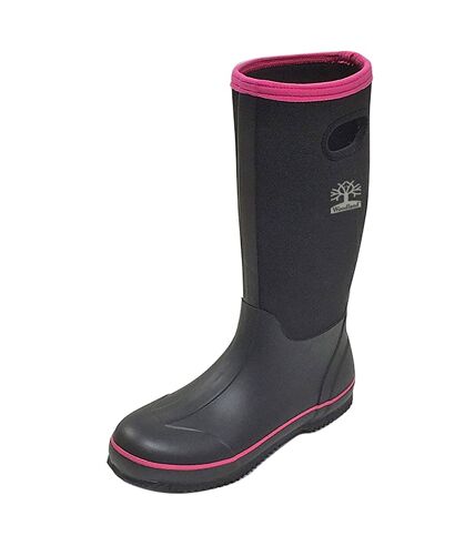 Woodland Womens/Ladies Pull On Plain Design Wellington Boots (Black/Fuchsia) - UTDF1176