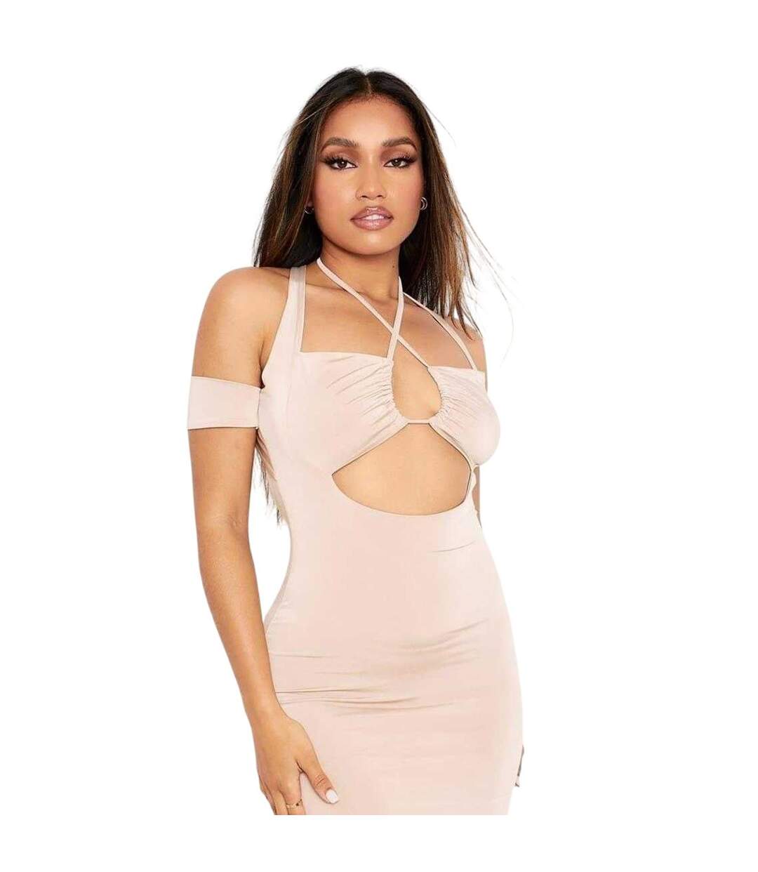 Robe Courte Épaules Dénudées Femme Beige Missy Empire-3