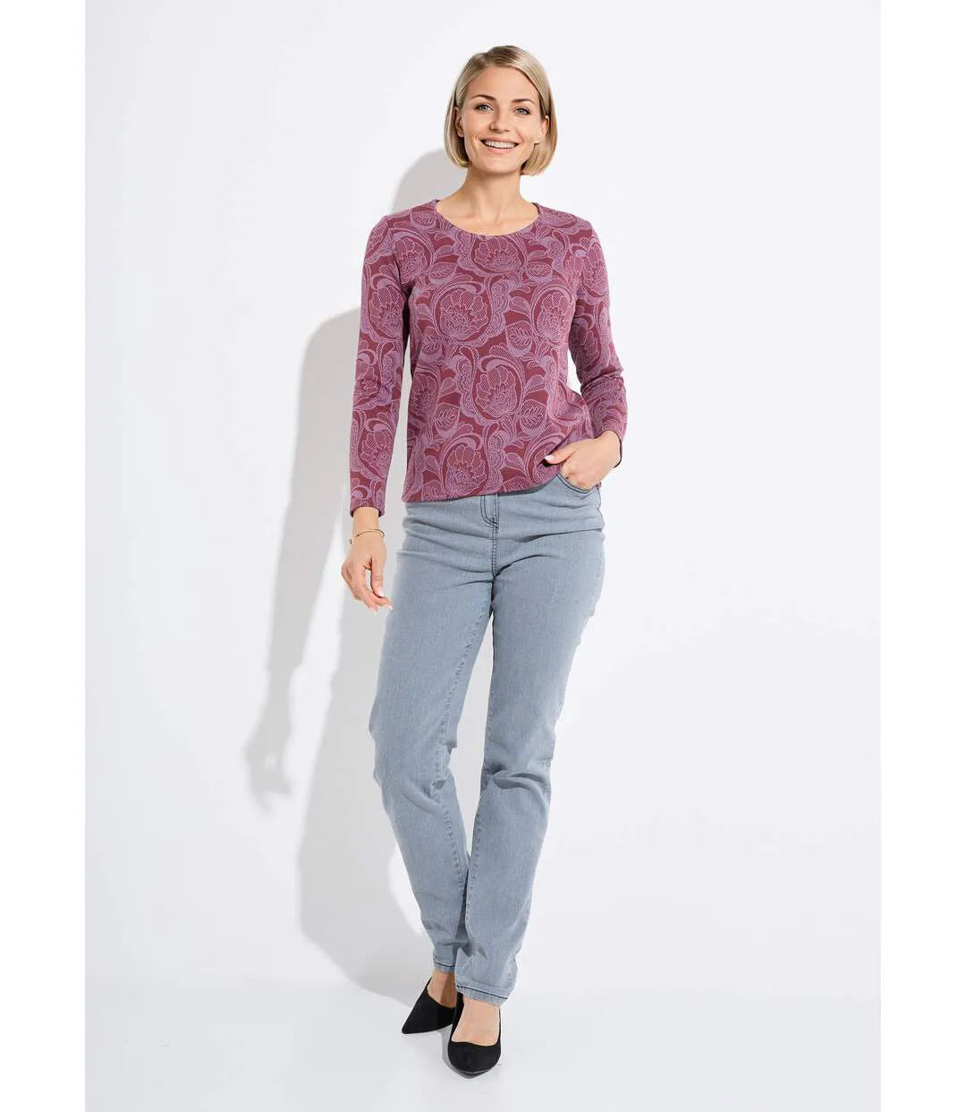 T-shirt jacquard fleuri col rond-3