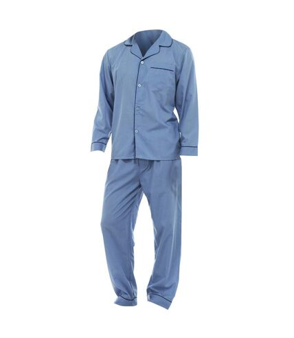 Mens Plain Long Sleeve Shirt & Trouser Bottoms Nightwear Pajama Set (Blue)