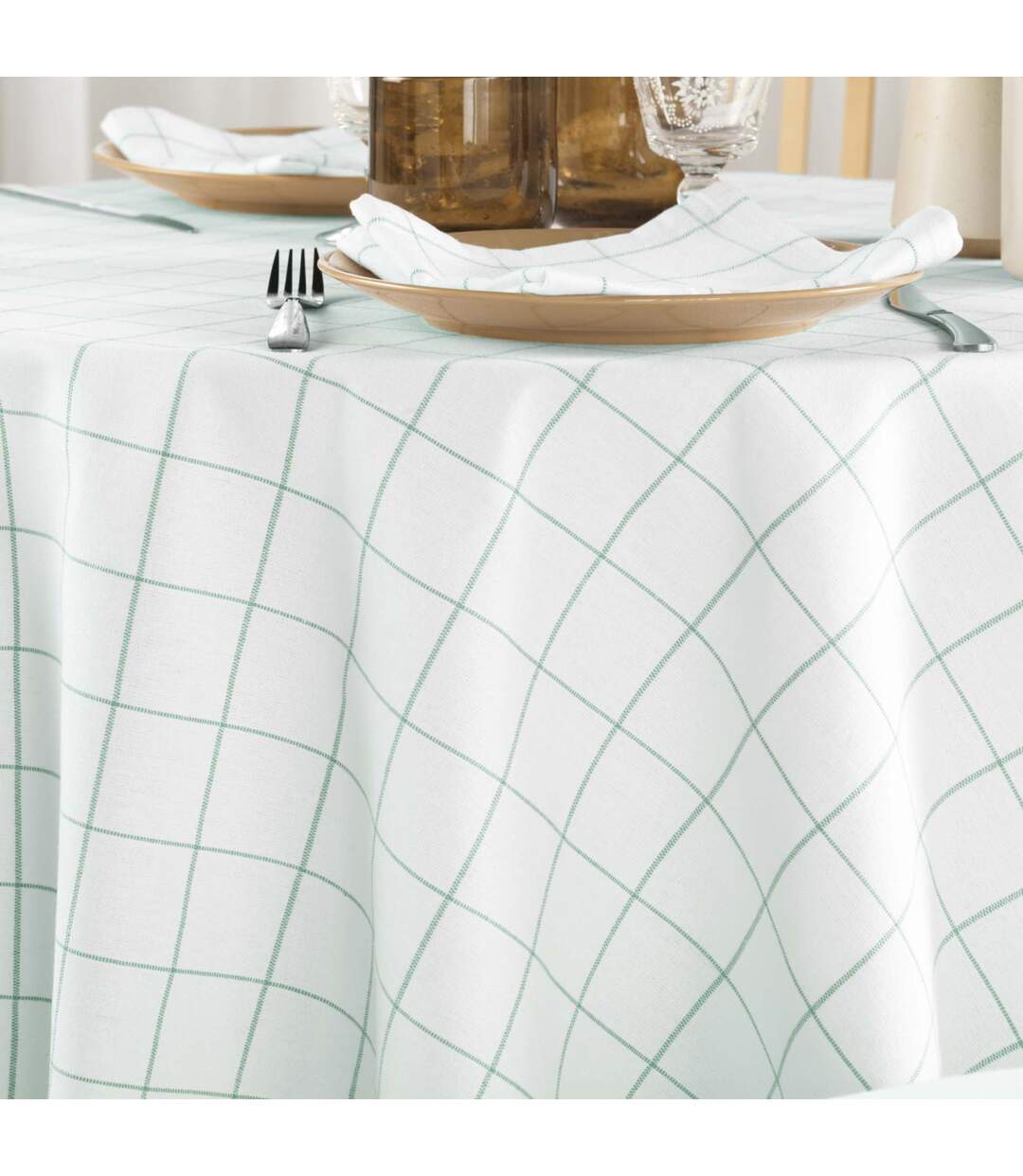 Nappe Ronde Tissée à Carreaux Axel 180cm Vert Sauge-3