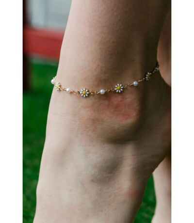 White Daisy Pearl Floral Summer Indie Boho Flower Adjustable Anklet