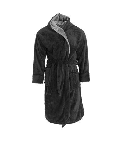Harvey James Mens Soft Hooded Fluffy Dressing Gown (Black/Grey)