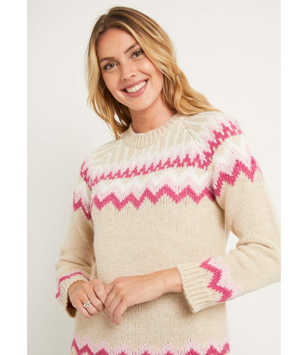 Pull doux  jacquard raglan col rond-4