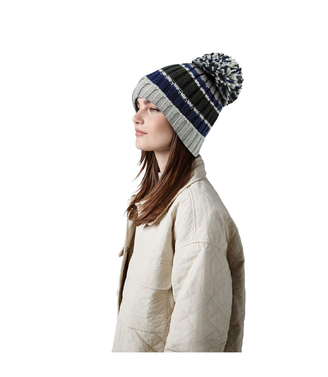 Bonnet Rayé Hygge Bleu Foncé Gris Beechfield-3
