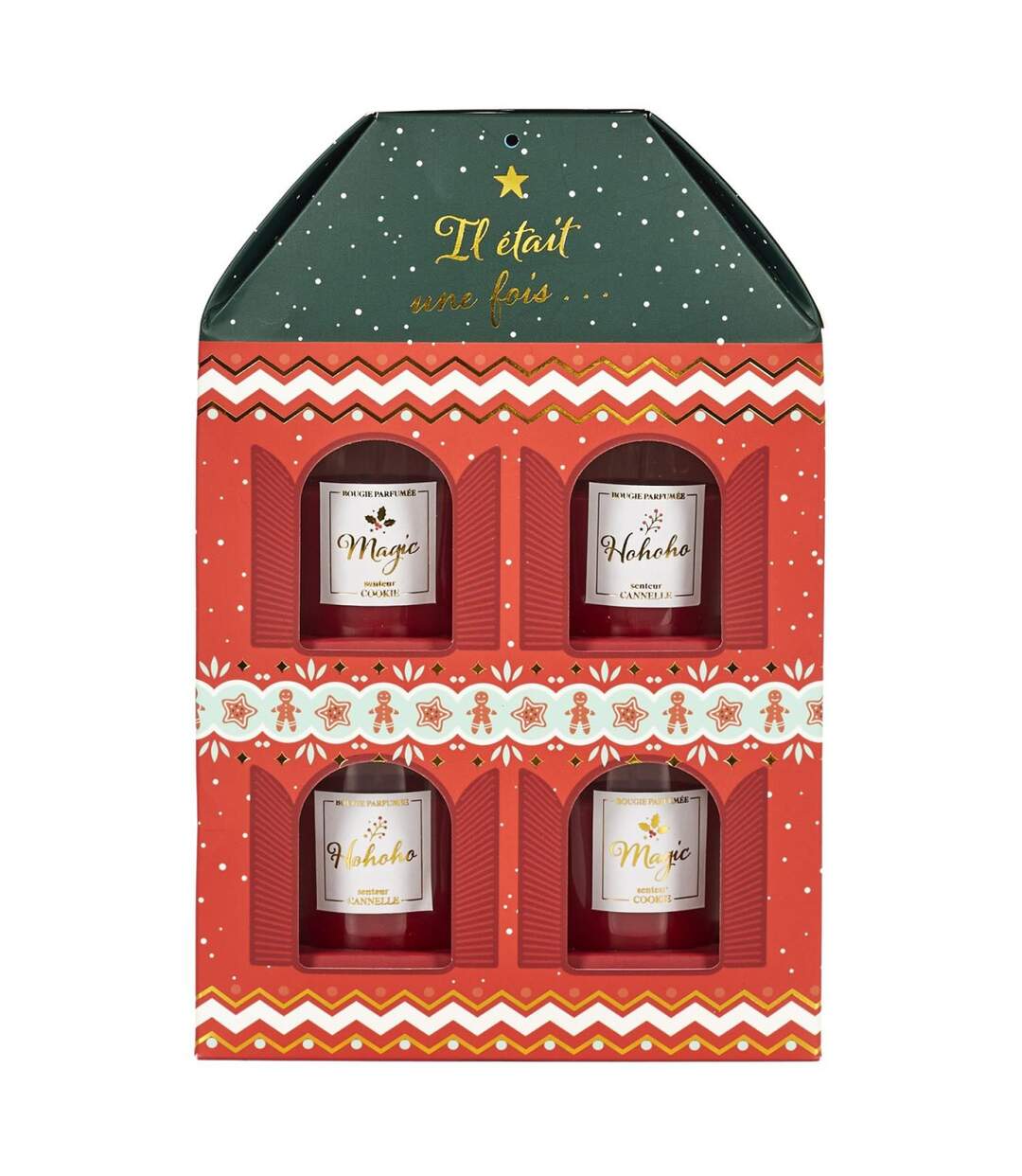 Coffret 4 Bougies Parfumées Maison Noël 18cm Rouge-1