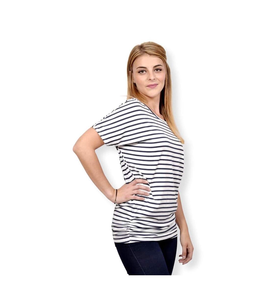 Tee shirt femme manches courtes rayée de couleur blanc-3