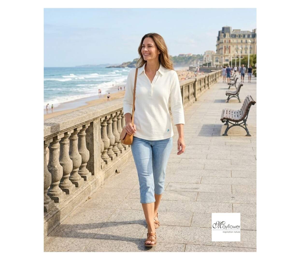 Polo MAYFLOWER KF268L blanc à manches 3/4 : le chic naturel en coton-5