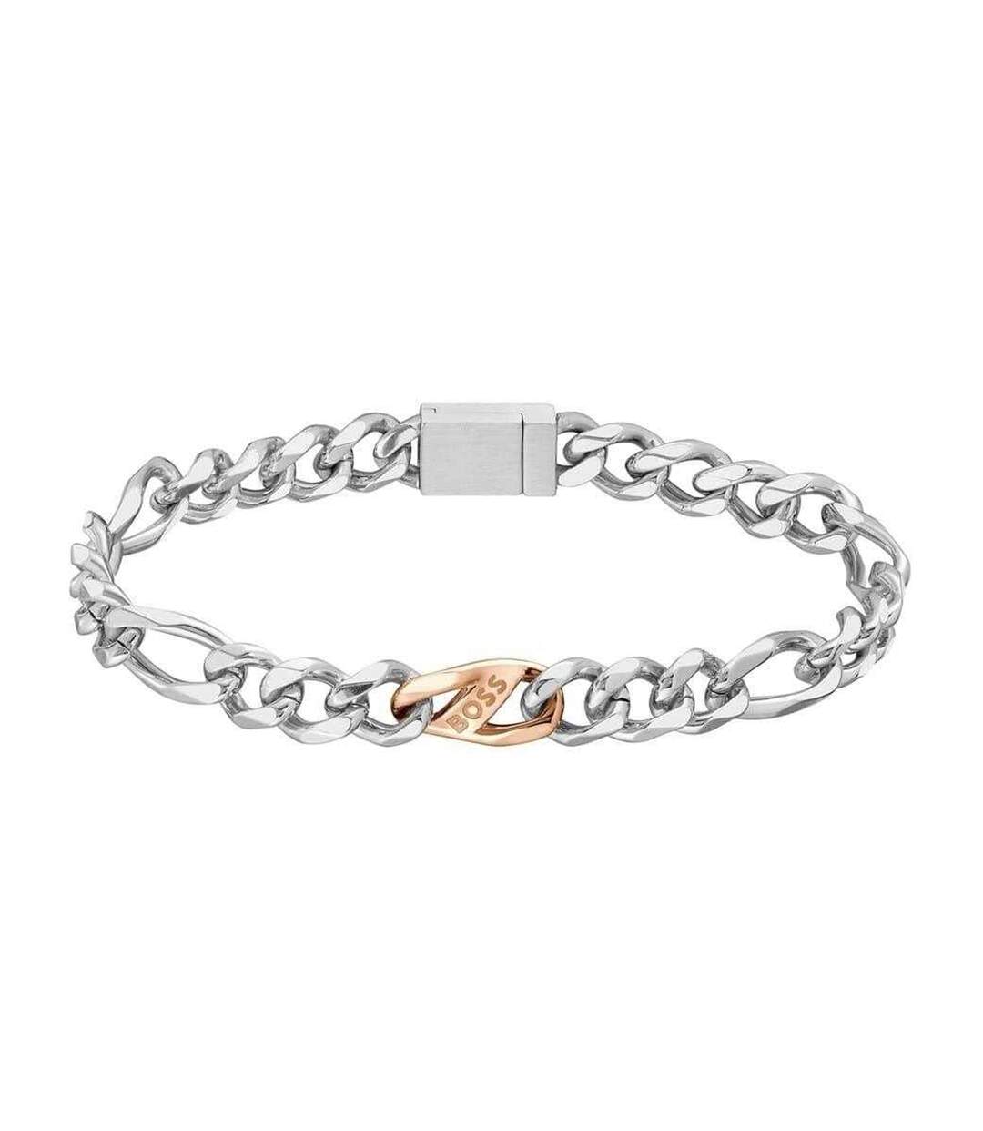 Mens Figaro Rose Gold Ion Plating Bracelet One Size Steel Boss-1