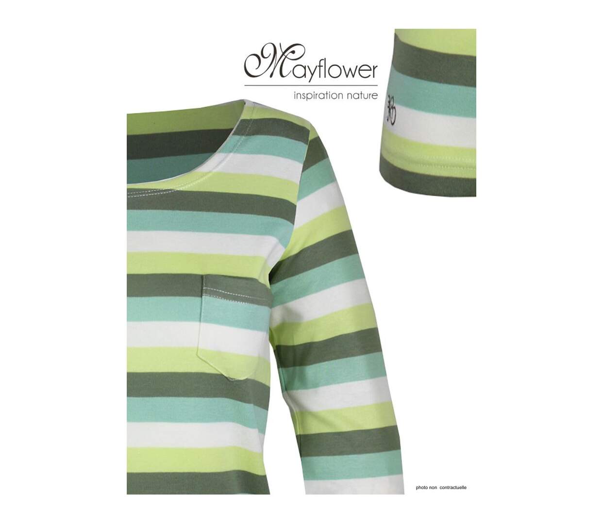 MAYFLOWER DIXIE2 - Tee-shirt manches 3/4 en coton rib : rayures blanc, aqua, kaki et vert-4
