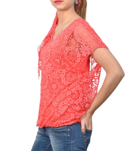 Tunique femme fuchsia en mousseline doublée col rond dentelle