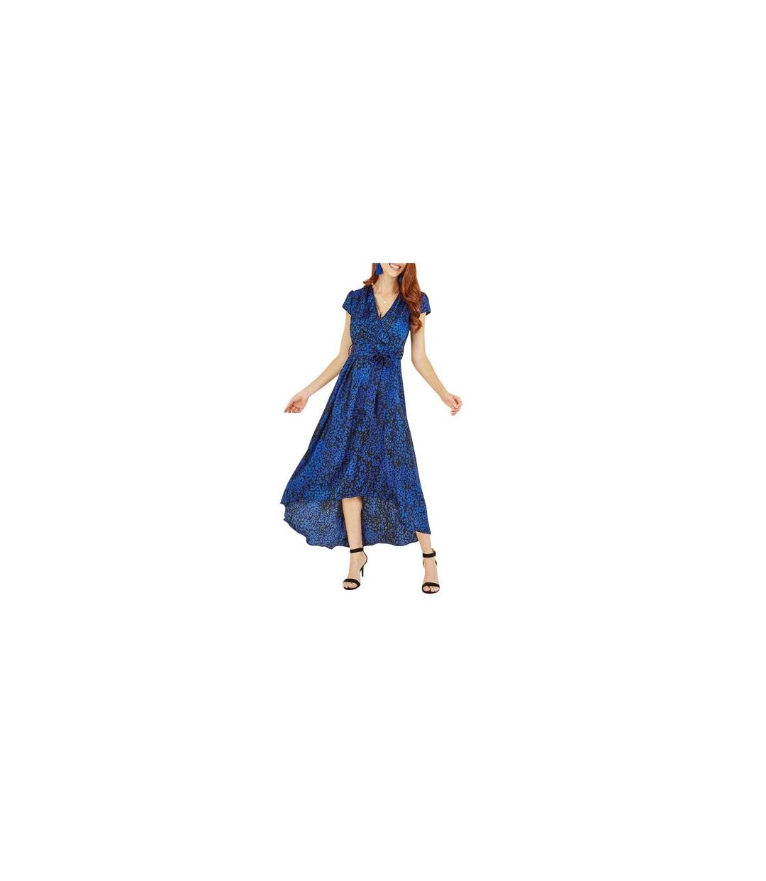 Womens/ladies Leopard Print Capped Sleeved Wrap Dress Blue Yumi-1