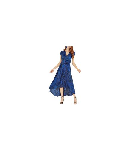 Womens/ladies Leopard Print Capped Sleeved Wrap Dress Blue Yumi