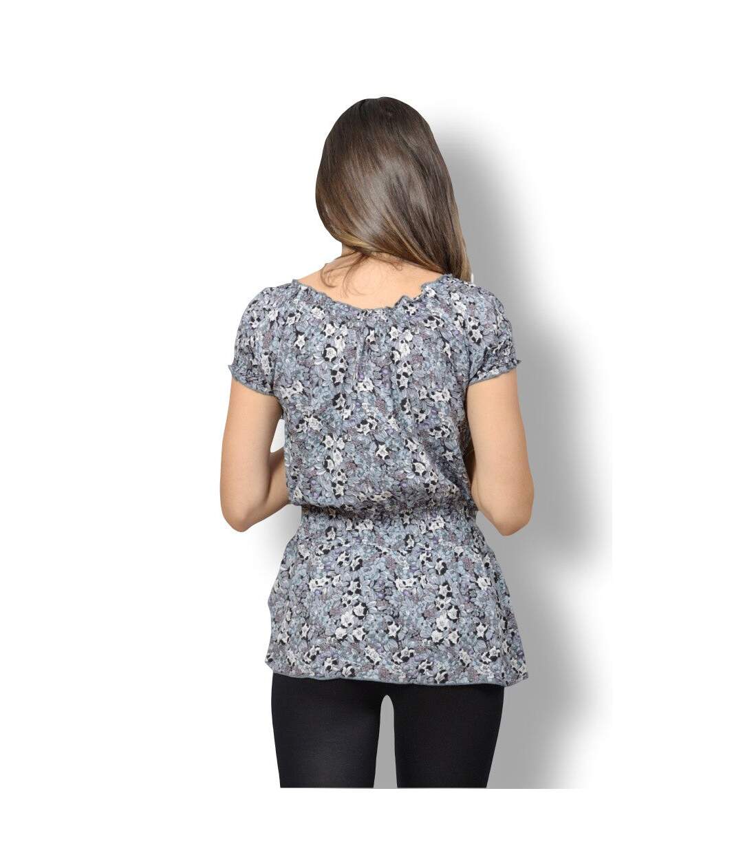 Blouse femme sans manche  motif imprimé sur fond gris col en V-2