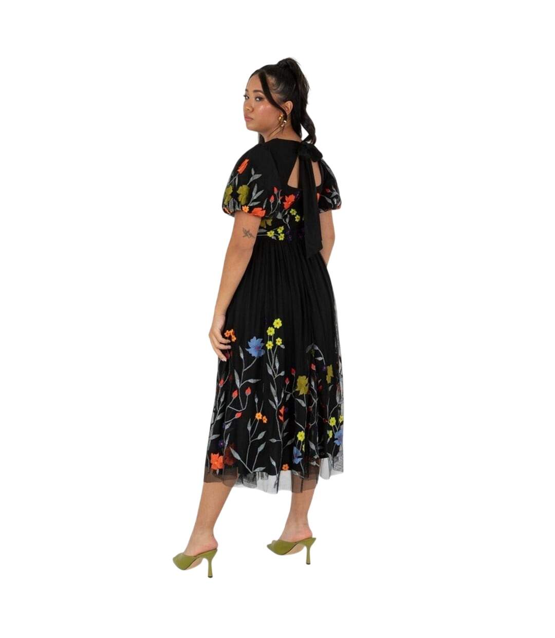 Robe Mi-longue Manches Bouffantes Motif/style Floral Femme Noir Maya Deluxe-4