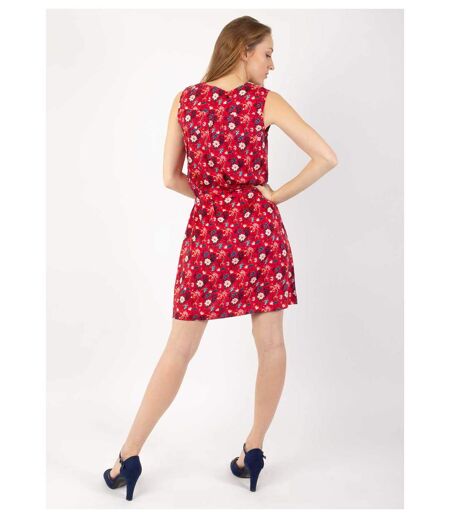 Robe courte col V coupe droite ELISA motif fleuri rouge Coton Du Monde