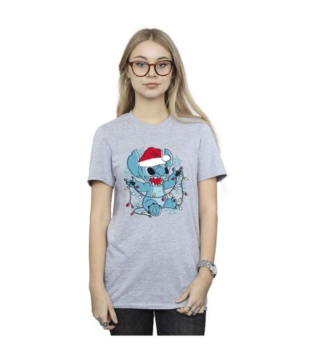 Disney Womens/Ladies Lilo And Stitch Christmas Lights Sketch Cotton Boyfriend T-Shirt (Gris sportif) - UTBI30034