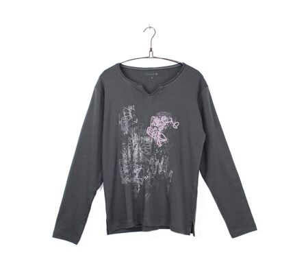 AXONE CHALON1G - Tee-shirt gris manches longues col V avec imprimé devant et fentes latérales