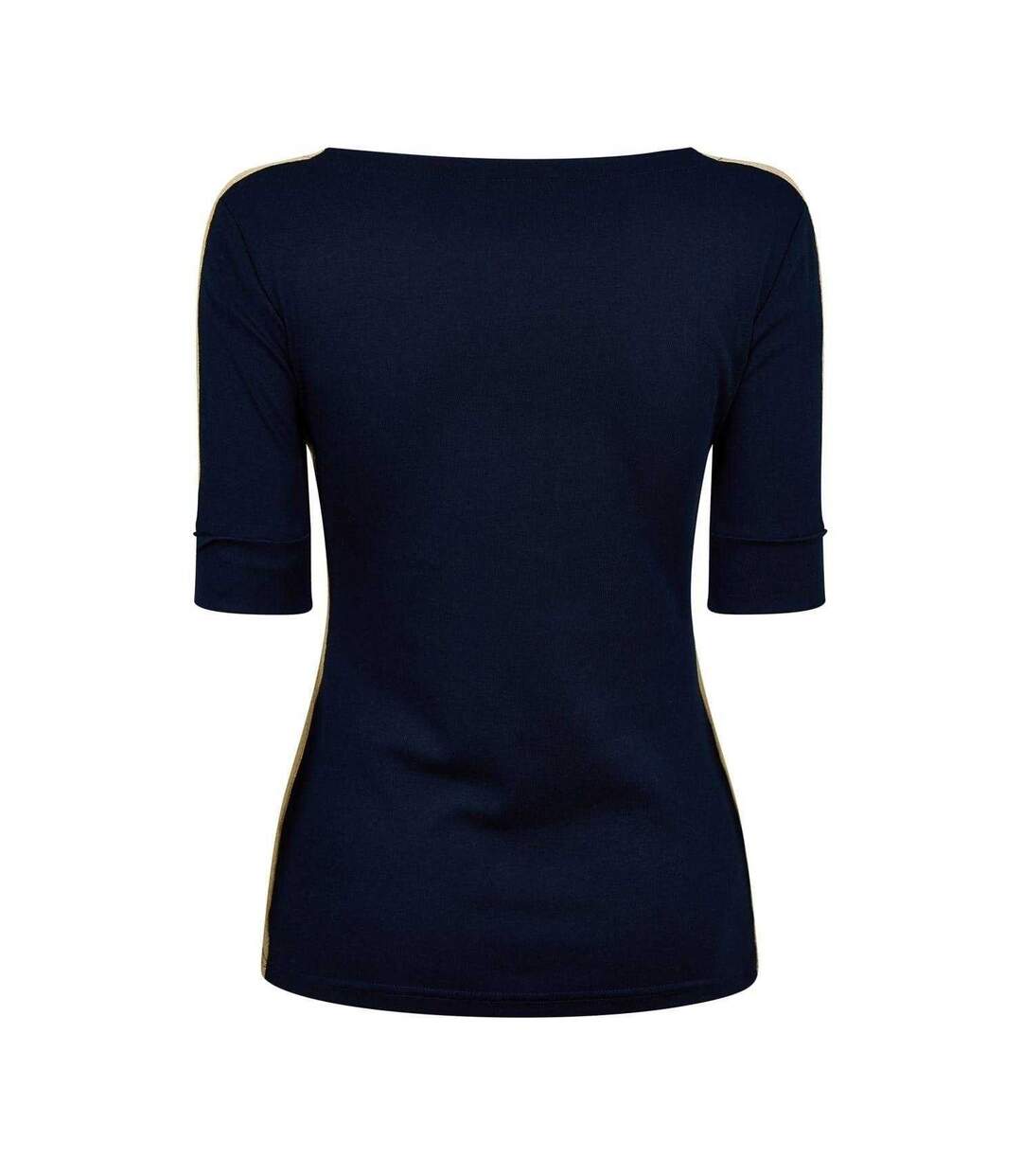 Womens/ladies Contrast Striped Cotton 3/4 Sleeve T-shirt Navy Gold Ralph Lauren-2