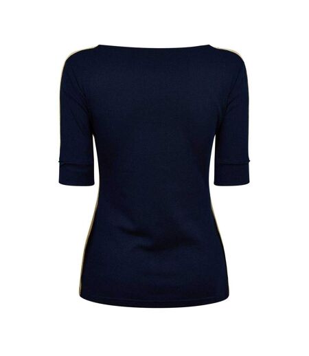 Womens/ladies Contrast Striped Cotton 3/4 Sleeve T-shirt Navy Gold Ralph Lauren