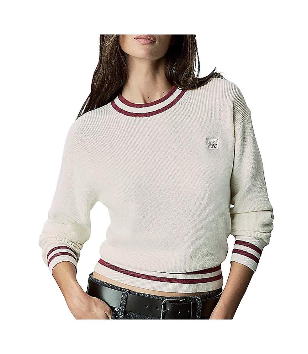 Pull beige/rouge femme calvin klein jeans woven label-1