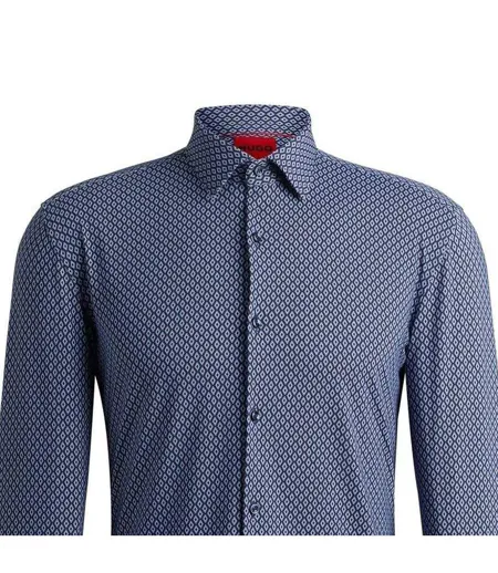 Mens Kenno Geometric Cotton Slim Shirt Dark Blue Hugo