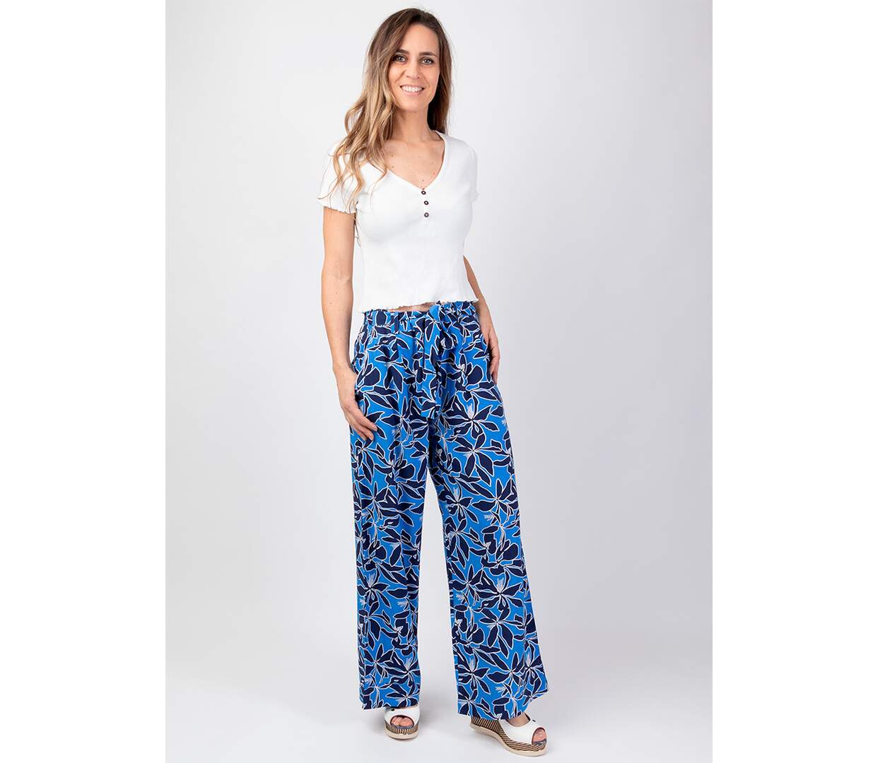 Pantalon été jambes larges MELODY imprimé floral bleu Coton Du Monde-2