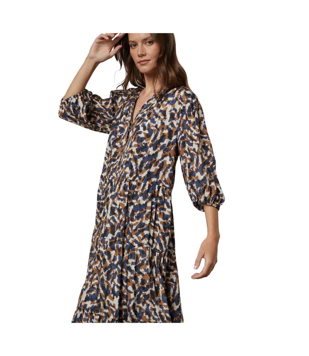 Womens/ladies Abstract V Neck 3/4 Sleeve Midi Dress Sand Velvet By Graham & Spencer-3