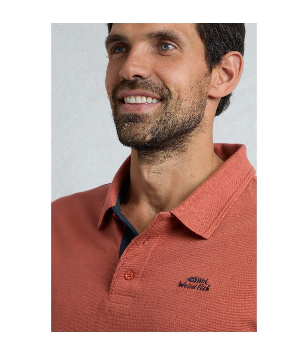 Mens Miles Pique Organic Polo Shirt Baked Clay Weird Fish-3