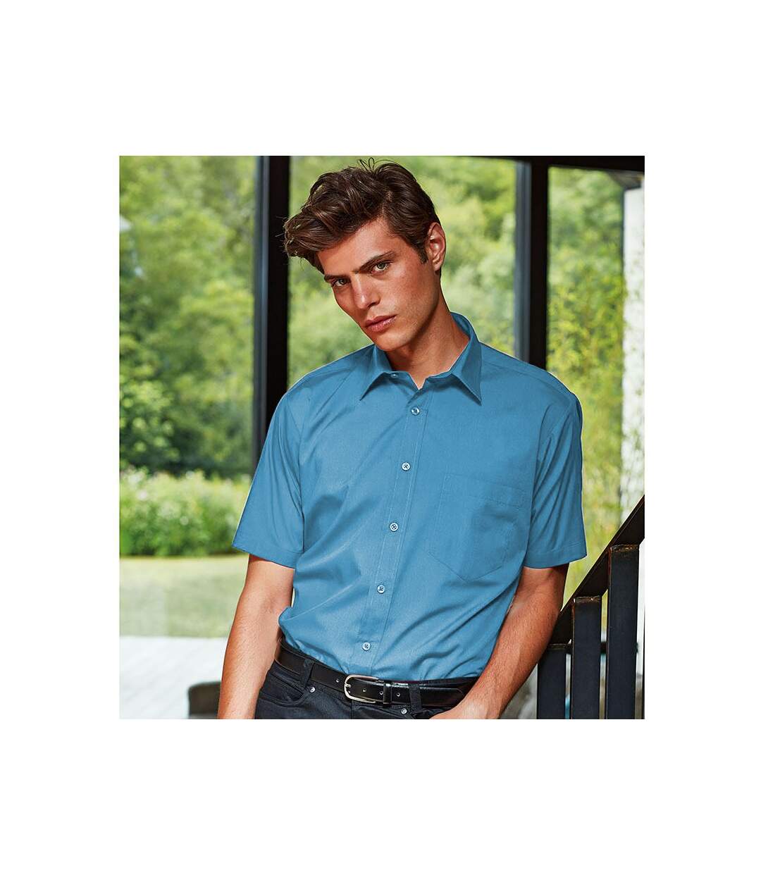 Mens short sleeve formal poplin plain work shirt turquoise Premier